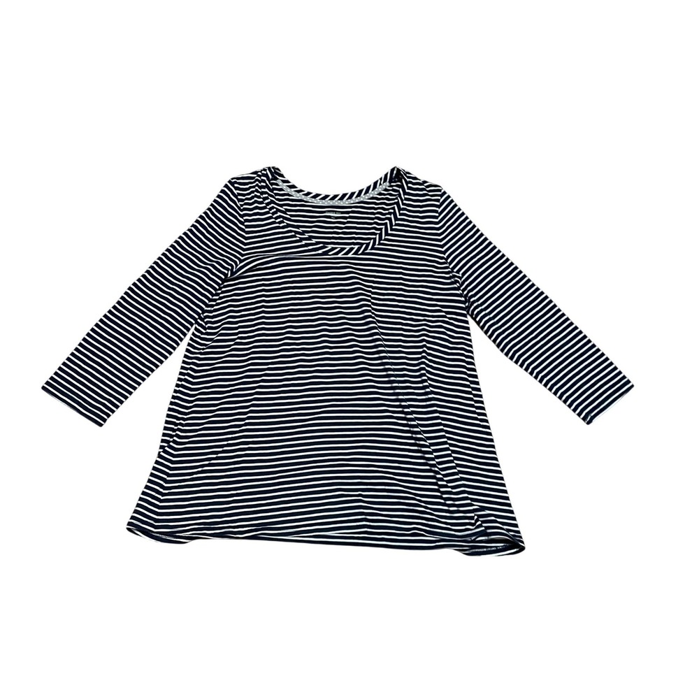 Garnet Hill Women's Large Navy White Striped Cotton Modal V-Neck 3/4 Sleeve Top